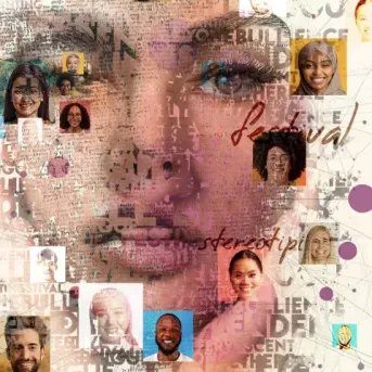 Mosaico di volti che formano un volto di uomo e di donna