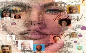 Mosaico di volti che formano un volto di uomo e di donna